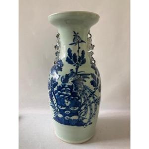 Chine Vase Porcelaine Blanc Bleu Sur Fond Céladon