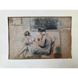 Women Sewing Charcoal And Pastel Attributed Lebasque