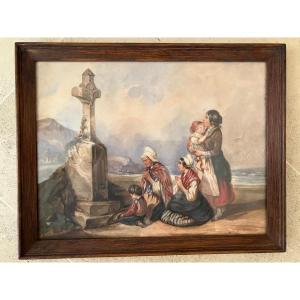 Watercolor French School 19th Century Calvary By The Ocean 