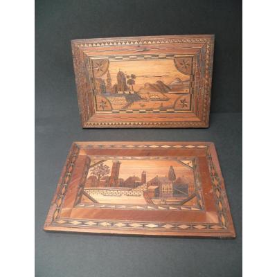 Two Panels Marqueterie Straw Start Nineteenth