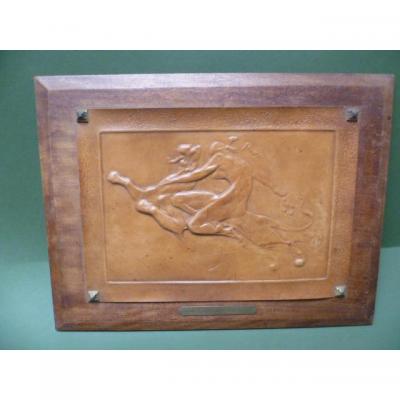 Julien Dilens (1849-1904) Fortuna Leather Stamped On Panel D Mahogany