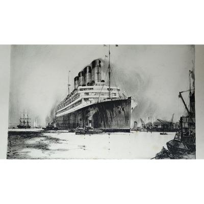 Cunard R.M.S. Aquitania - Lithographie d'Henri Frank Mason