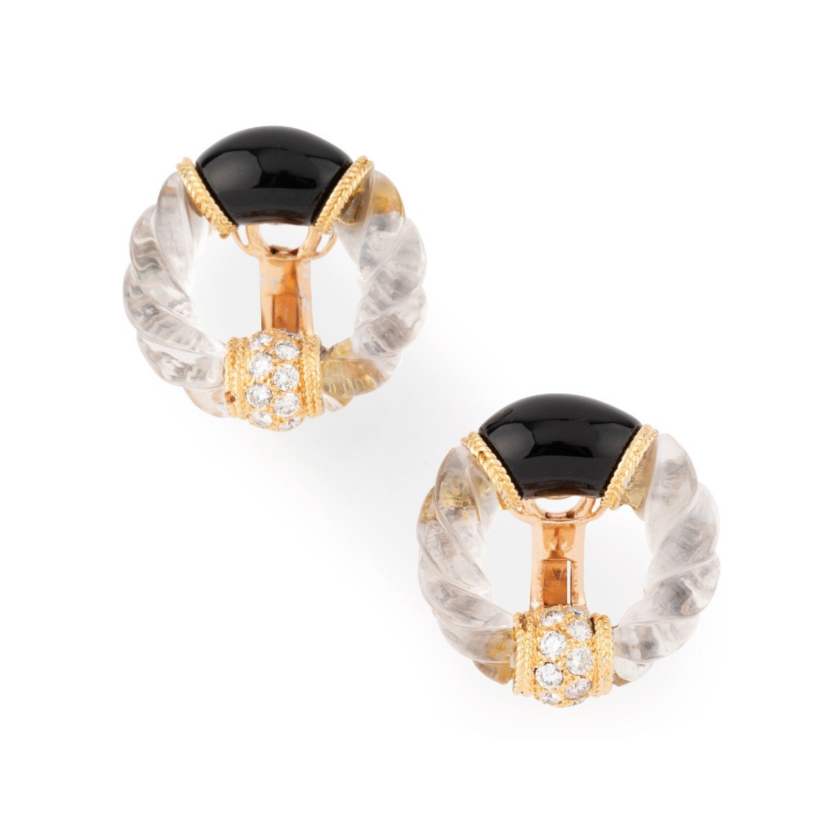 Boucle d'Oreille En Or Jaune Onyx,cristal De Roche Et Diamant De La Maison Boucheron-photo-2