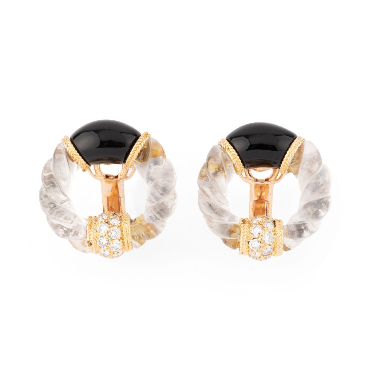 Boucle d'Oreille En Or Jaune Onyx,cristal De Roche Et Diamant De La Maison Boucheron