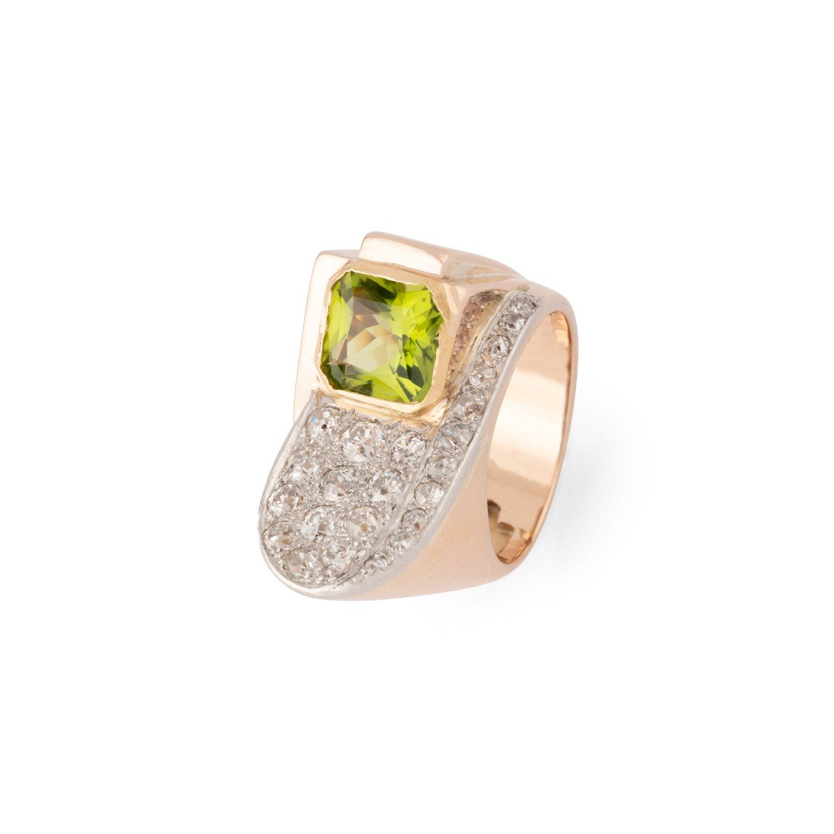 Tank Ring In Rose Gold And Platinum With Diamond And Peridot-photo-3