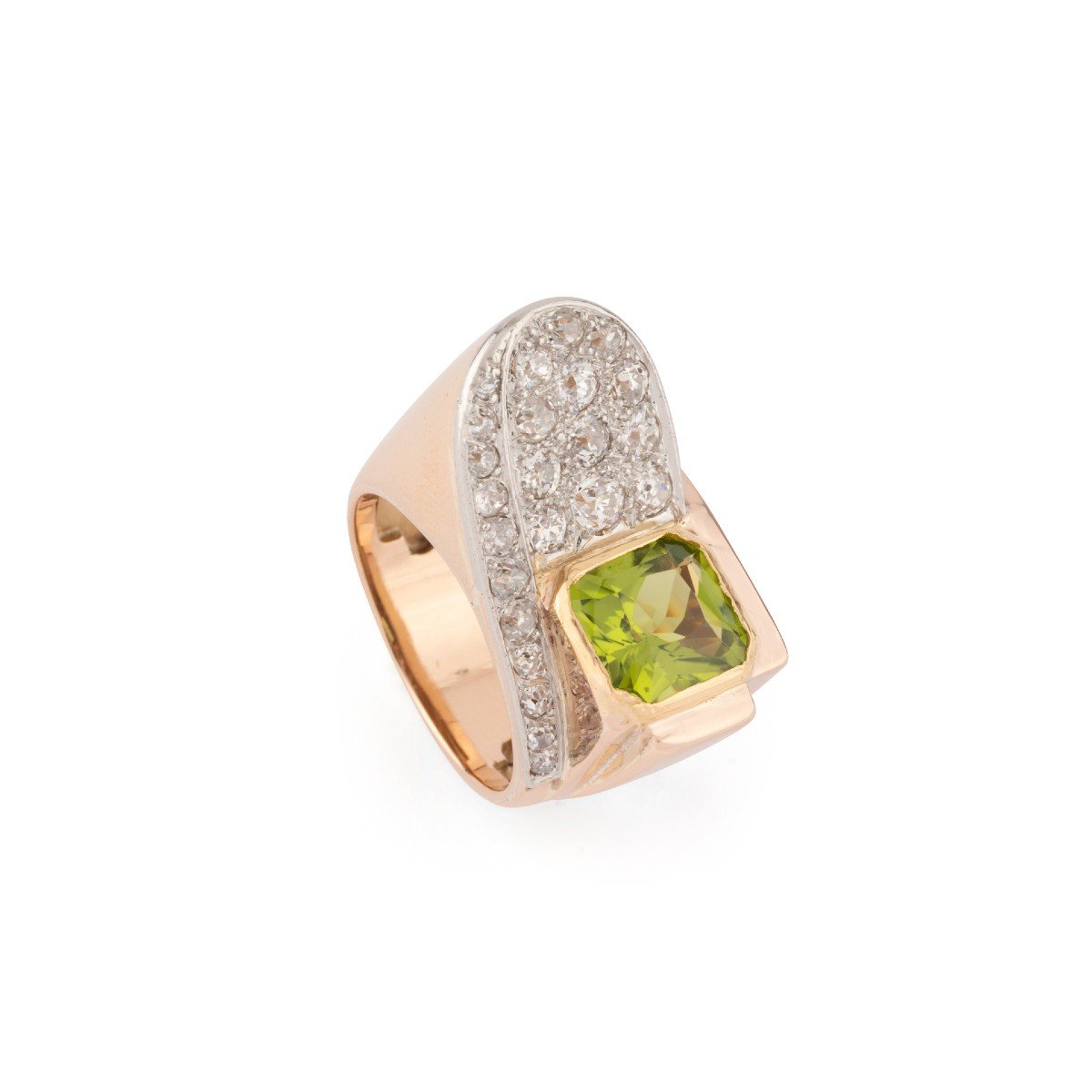 Tank Ring In Rose Gold And Platinum With Diamond And Peridot-photo-4