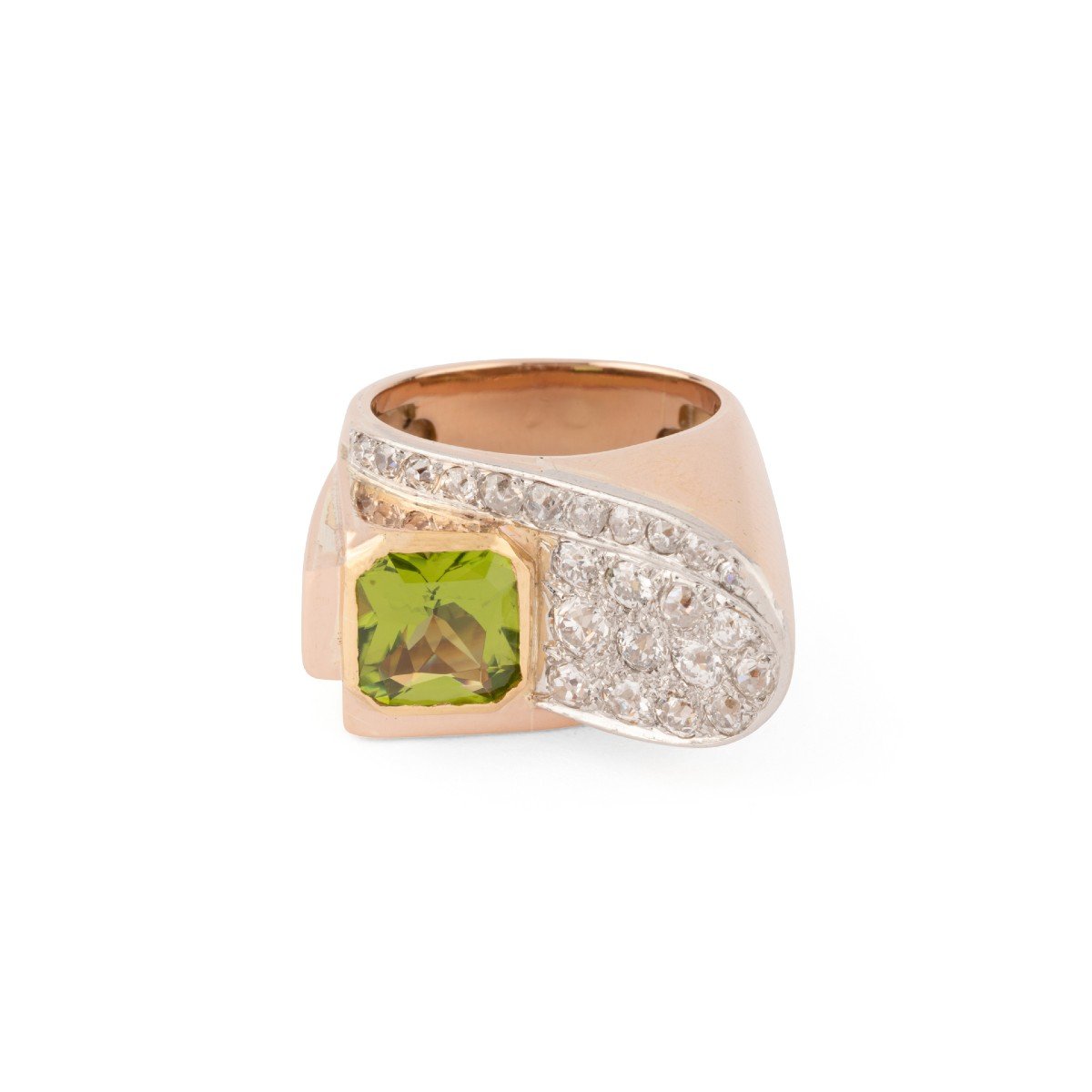 Tank Ring In Rose Gold And Platinum With Diamond And Peridot-photo-1