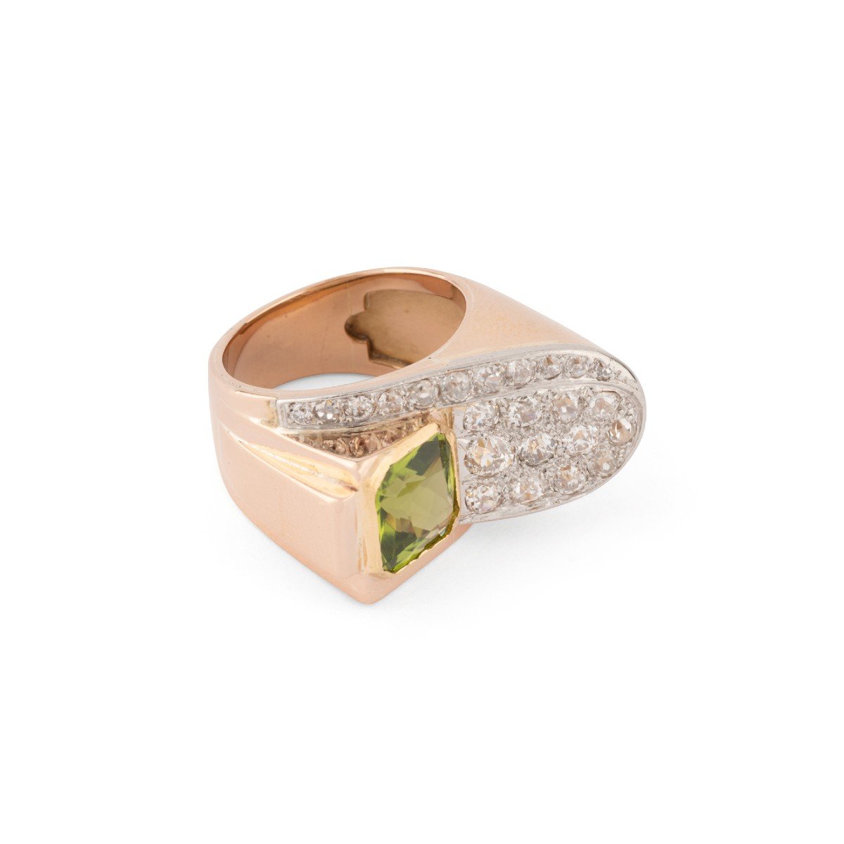 Tank Ring In Rose Gold And Platinum With Diamond And Peridot-photo-2