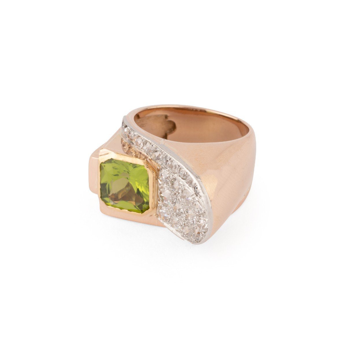 Tank Ring In Rose Gold And Platinum With Diamond And Peridot-photo-4