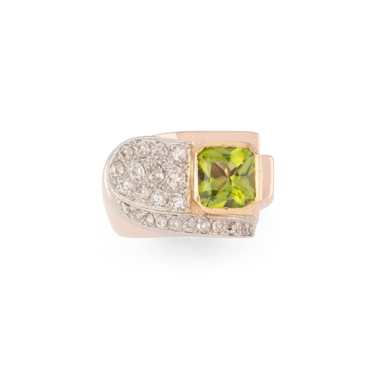 Tank Ring In Rose Gold And Platinum With Diamond And Peridot