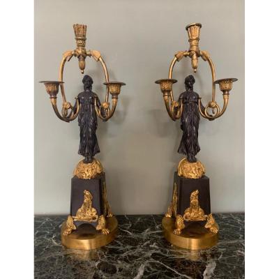 Pair Of Candelabra In Gilt Bronze And Patina