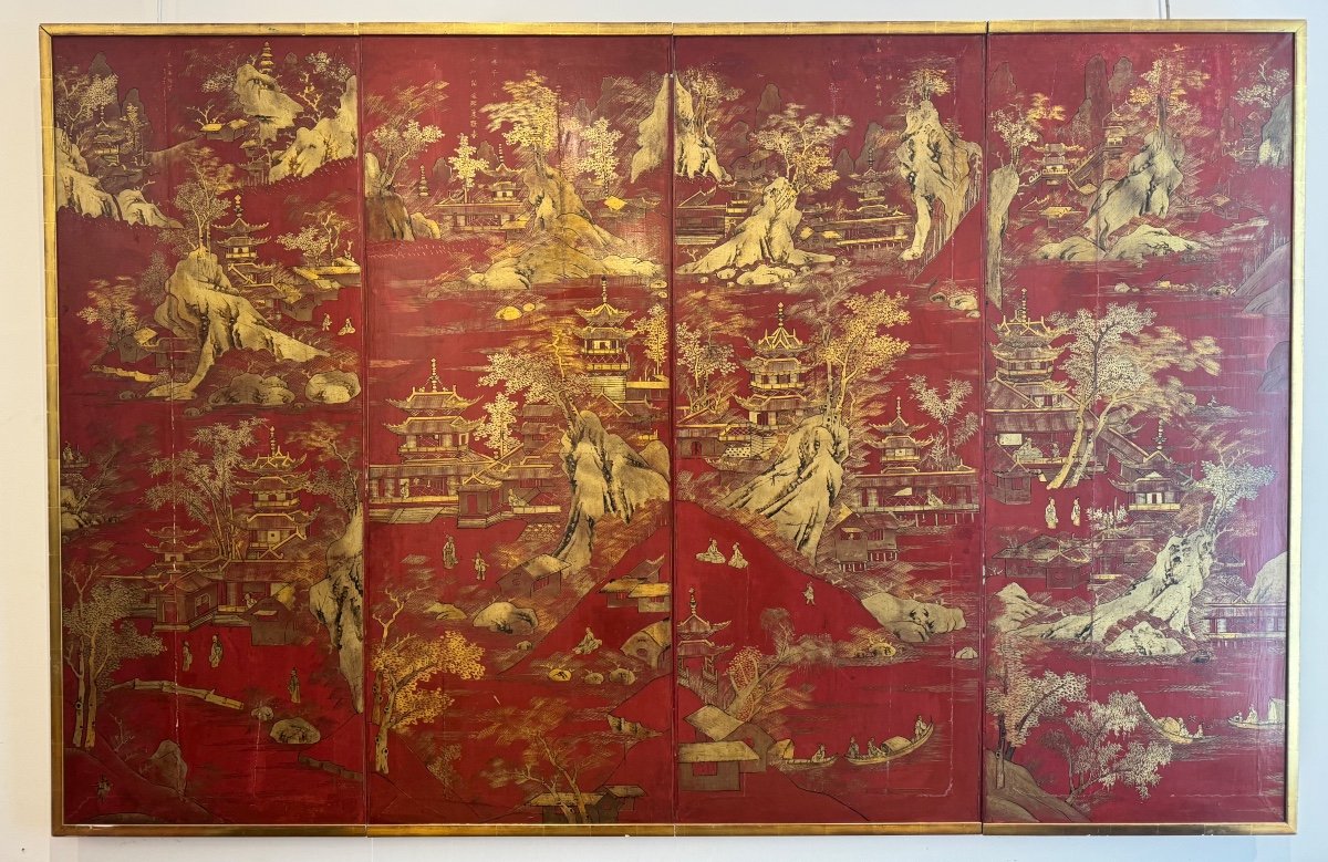 Chinese Lacquer Panel Red And Gilded 18/19th-photo-3