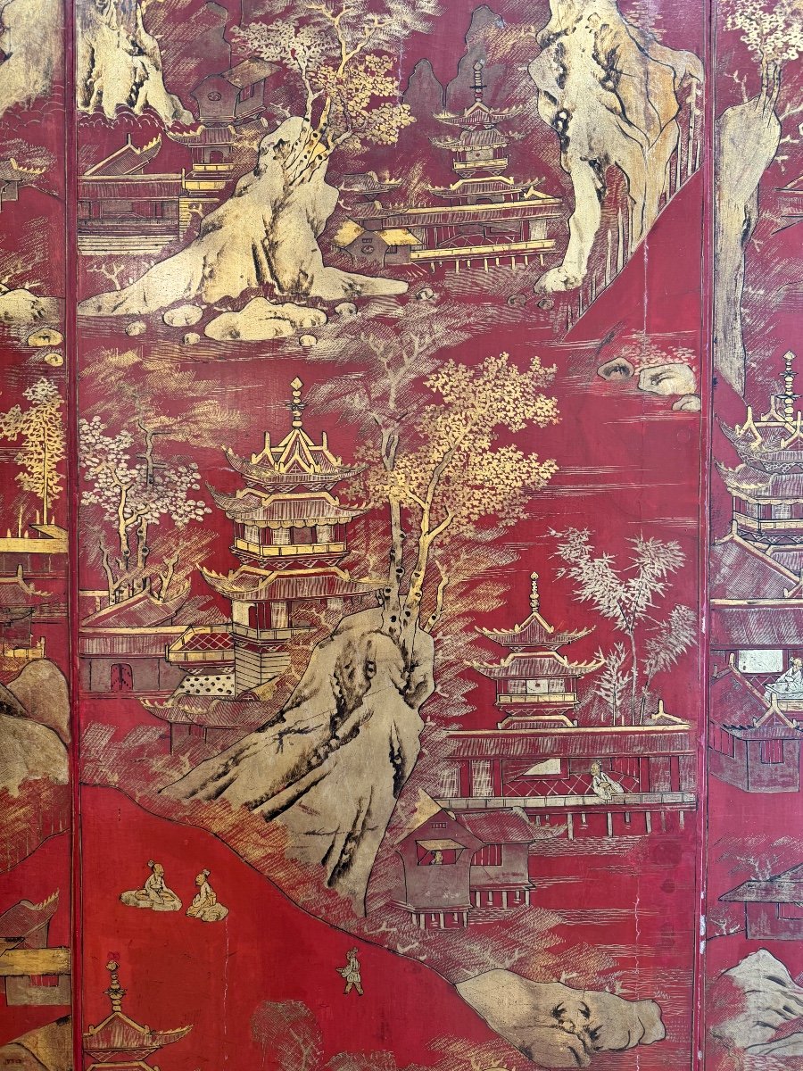 Chinese Lacquer Panel Red And Gilded 18/19th-photo-4