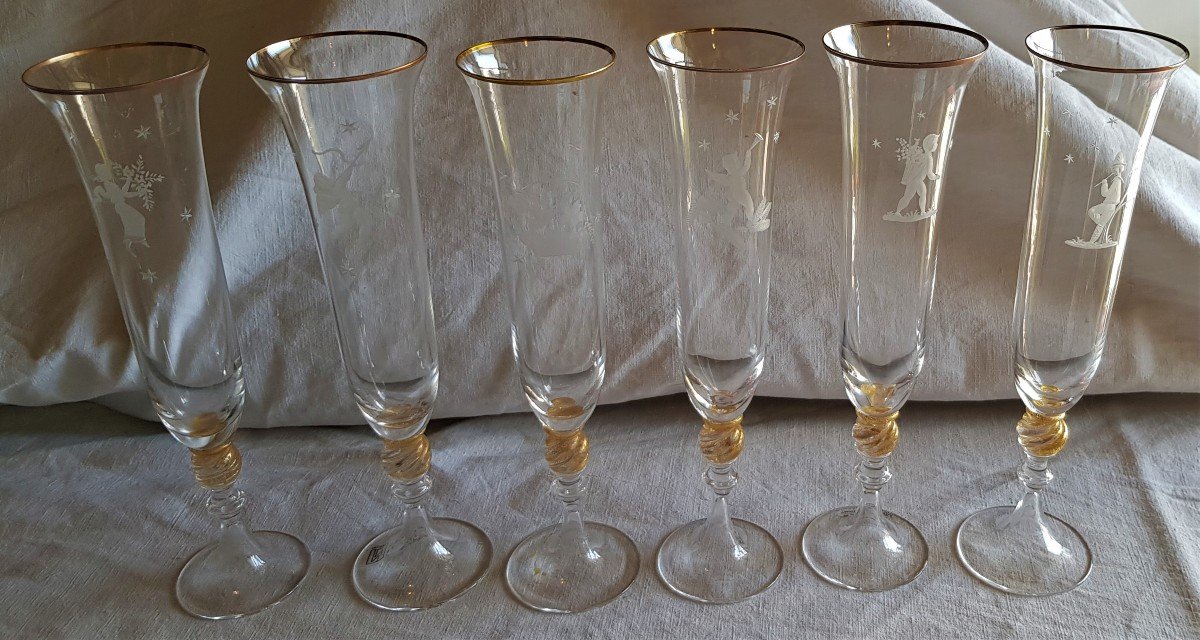 Ensemble 6 Flutes En Verre Soufflé Et Gravé Murano Nason Moretti-photo-2