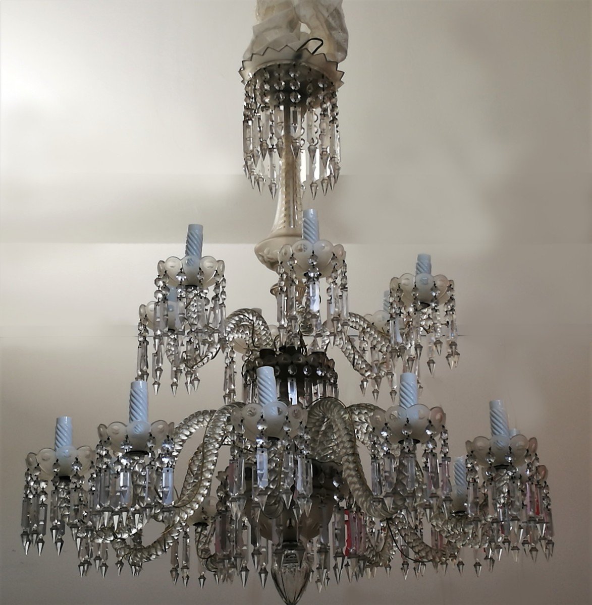 Large Old Chandelier 90 Cm Diameter 18 Twisted Full Crystal Arms-photo-3