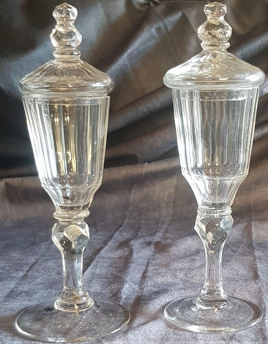Pair Of Small Antique Glasses With Lid In Bohemian Crystal From The Early XIX C-photo-2