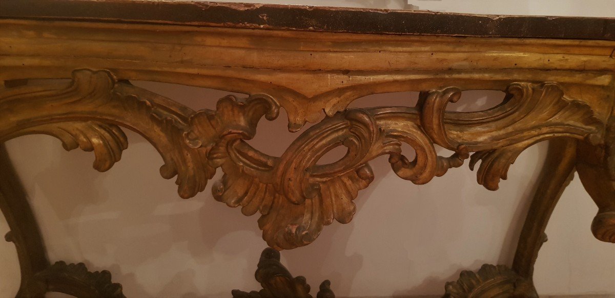 Grande Console Italienne  napolitaine  XVIII S En Bois Sculpté Et Doré -photo-1