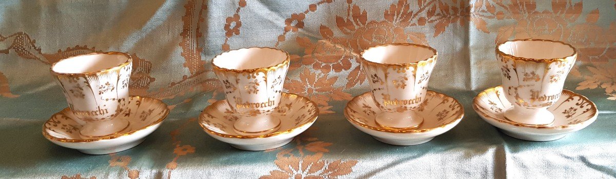 4 Antique Coffee Cups XIX C Porcelain Ginori Advertising Café Pedrocchi Padoue