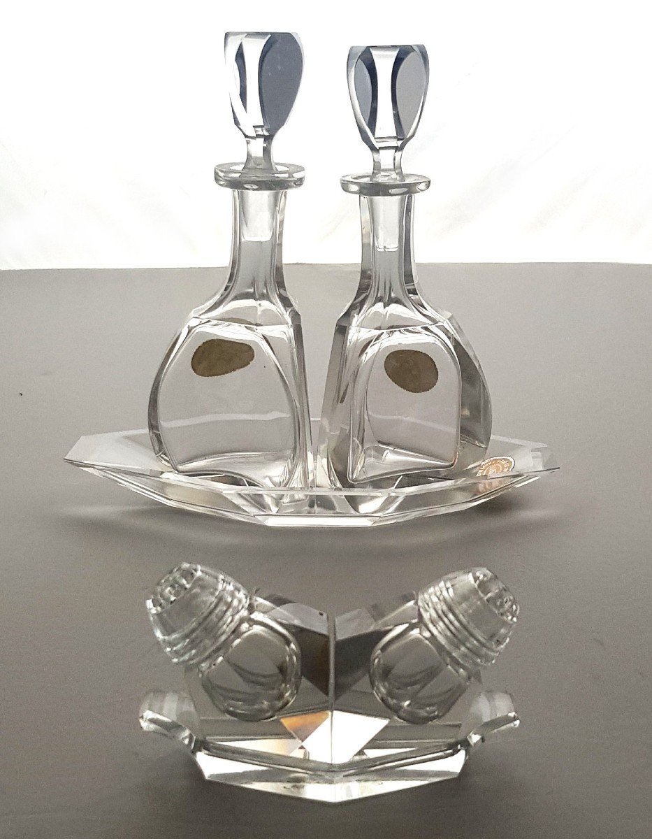 Set Ancien En Cristal De Bohème Taillé, Huilier Vinaigrier+ Sel Et Poivre 