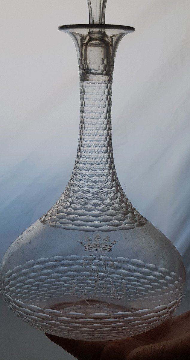 Paire De Carafes bouteilles Anciennes En Cristal Taillé Couronne De Marquis  Et Monogramme-photo-4