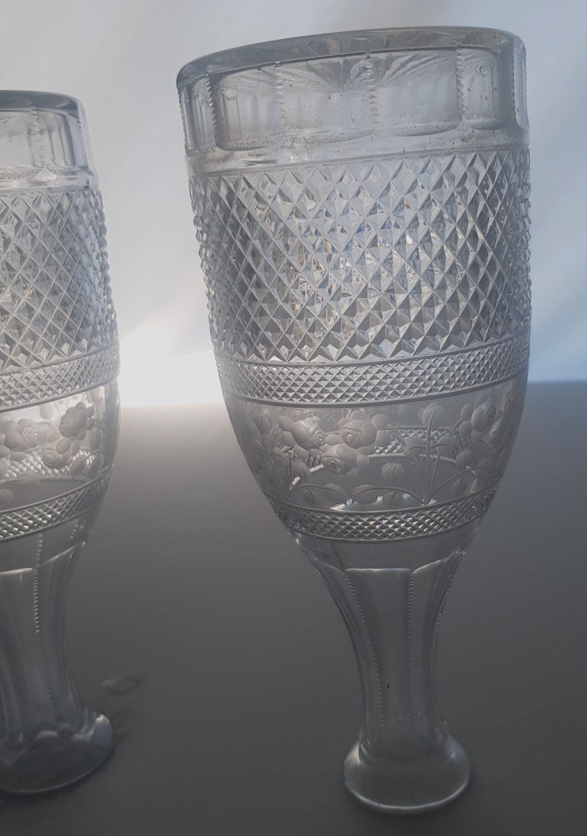 Pair Of Old Carafe Bottles In Engraved And Diamond-cut Crystal-photo-3