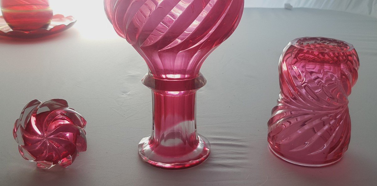 Old Carafe And Matching Glass In Strawberry Red Bohemian Crystal-photo-1