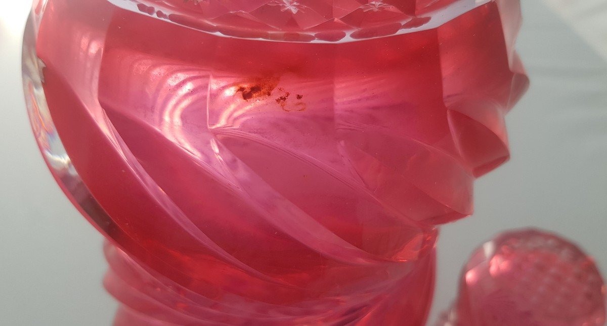 Old Carafe And Matching Glass In Strawberry Red Bohemian Crystal-photo-8