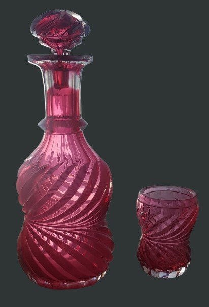 Old Carafe And Matching Glass In Strawberry Red Bohemian Crystal