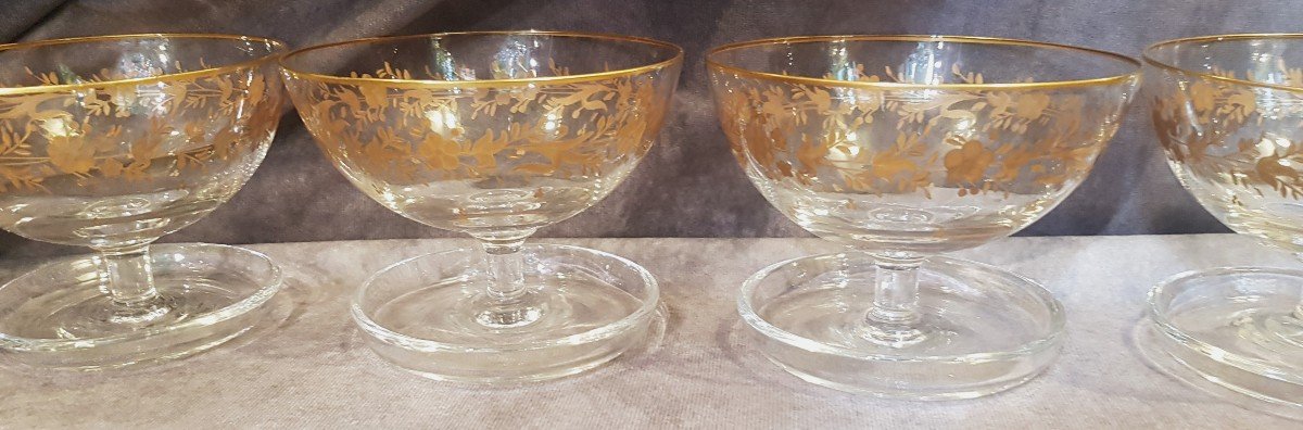 Set Of 6 Old Engraved Crystal Cups Golden Flower Decor-photo-2