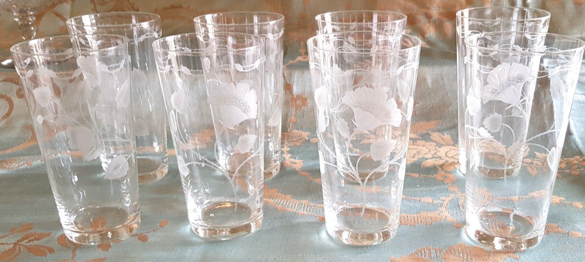 Ensemble 8 Verres Anciens  à Orangeade Art Nouveau En Cristal  Gravé Decor Fleurs