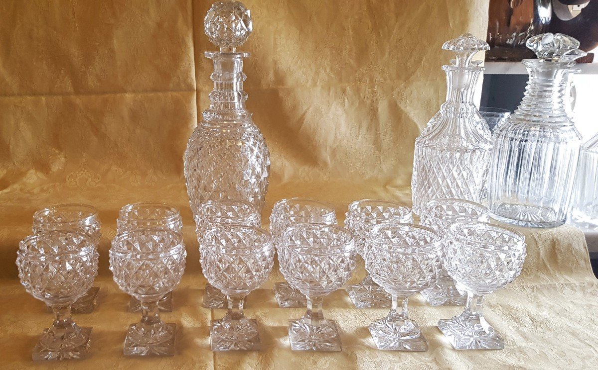 Ancien  Service  A Porto En Cristal Taillé Pointes De Diamant Epoque Regency Carafe + 12 Verres-photo-2