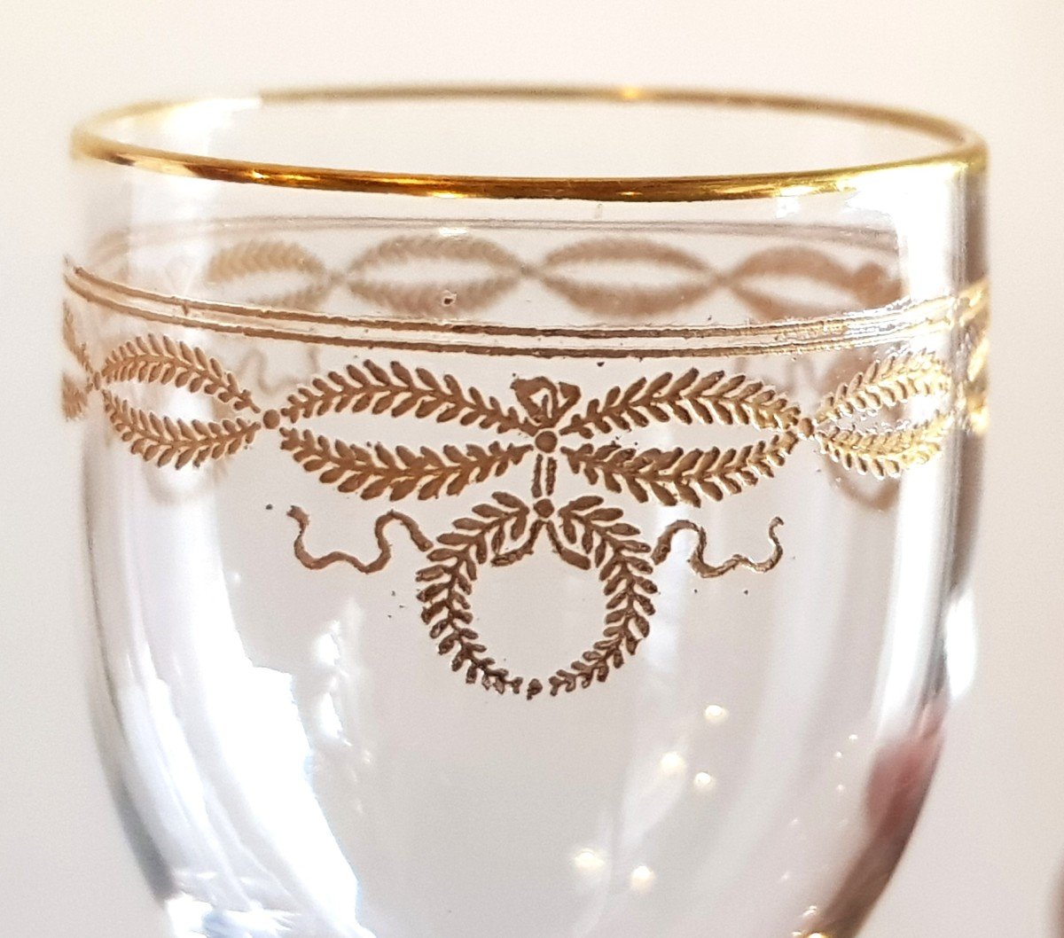 Series Of 9  Antique Crystal Liqueur Glasses Engraved Golden Frieze Baccarat Mod. Byzantine-photo-3