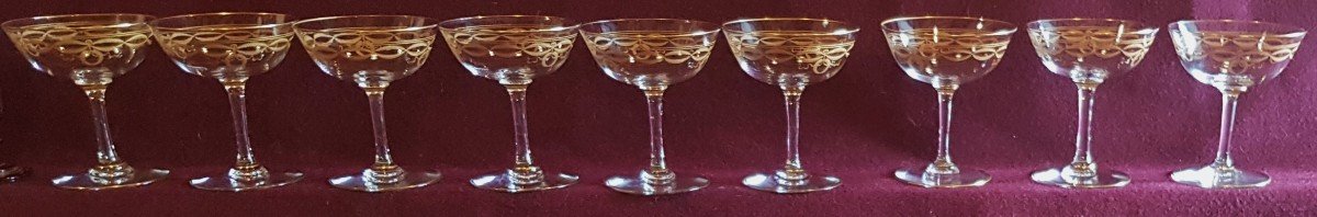 Series Of 9 Old Crystal Champagne Glasses Baccarat Byzantine Golden Model-photo-3