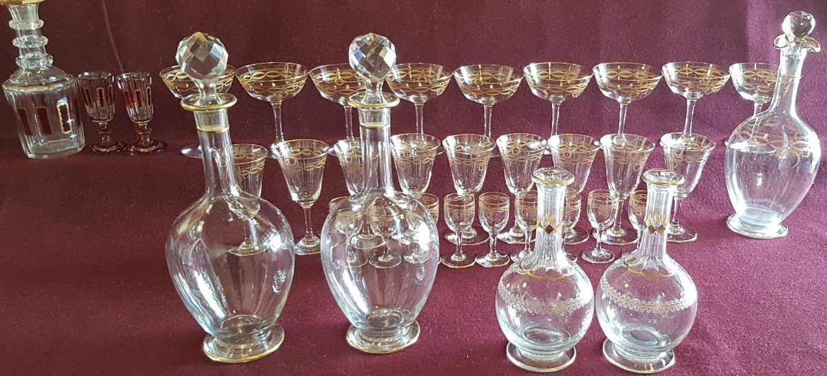 Series Of 9 Old Crystal Champagne Glasses Baccarat Byzantine Golden Model-photo-2