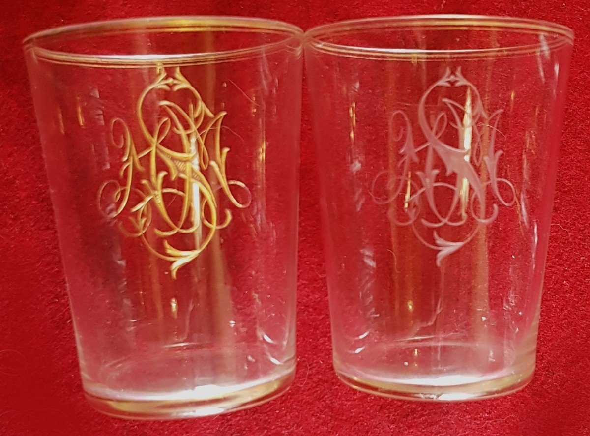 Set Of 14 Lobmeyr Muslin Glass Cups Monogram Smn-photo-3