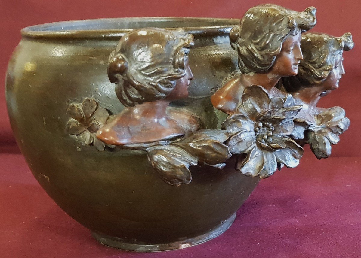 Grand Cache-pot Art Nouveau Italien En Ceramique-photo-2