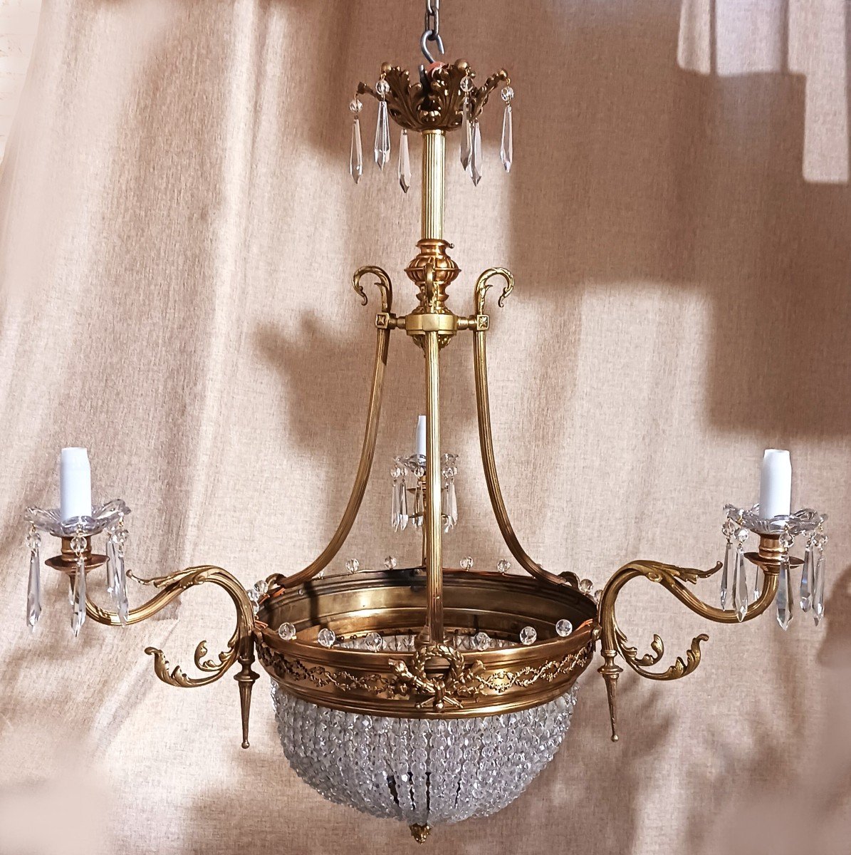 Antique Restored Crystal And Bronze Empire Style Chandelier-photo-8