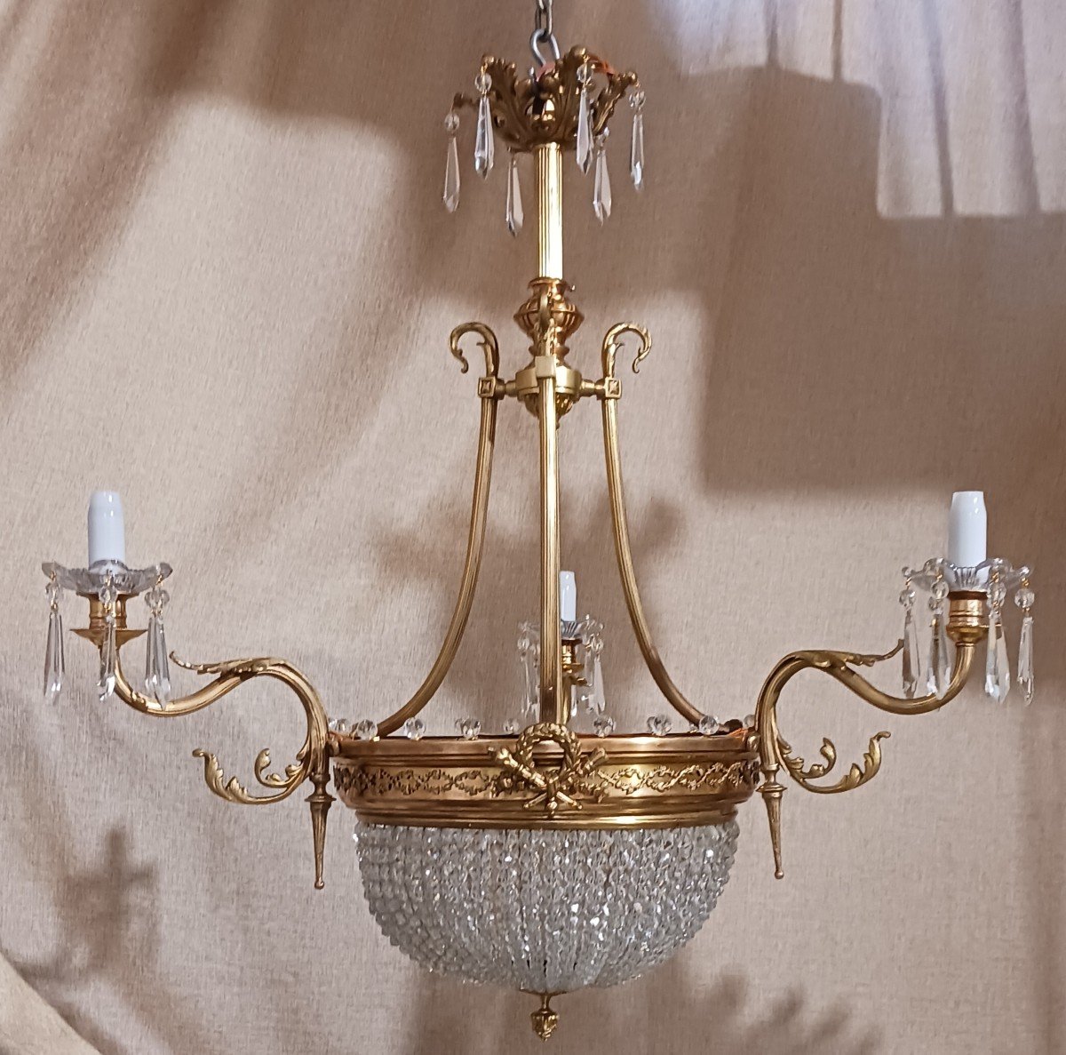 Antique Restored Crystal And Bronze Empire Style Chandelier