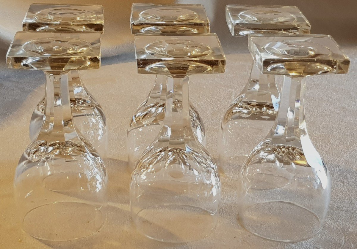 Serie De 6 Verres Anciens  à Vin Fortifié En Cristal Pied Caré Deuxième Moitié XIX ème Siècle-photo-2