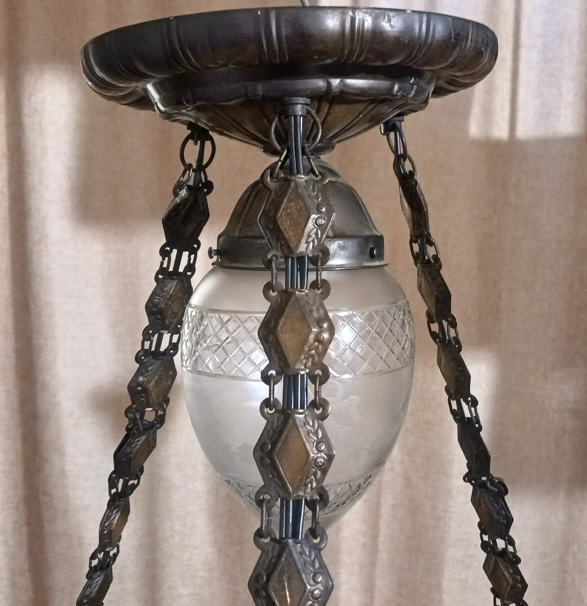 Antique Liberty Chandelier With 6 Crystal And Brass Lights-photo-4