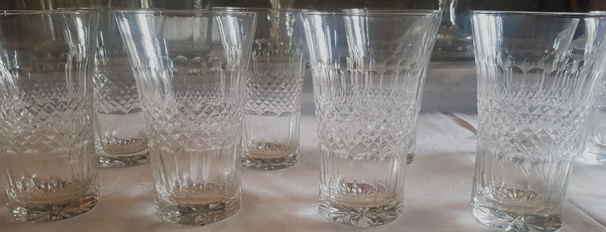 Set Of 12 Old Long Drink Glasses In Cut Bohemian Crystal-photo-3