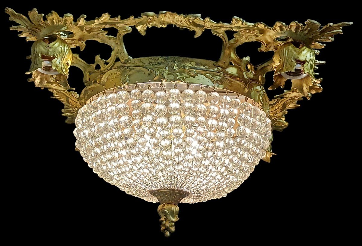 Old Rococo Square Bronze Ceiling Lamp And Crystal Bead Dome-photo-2