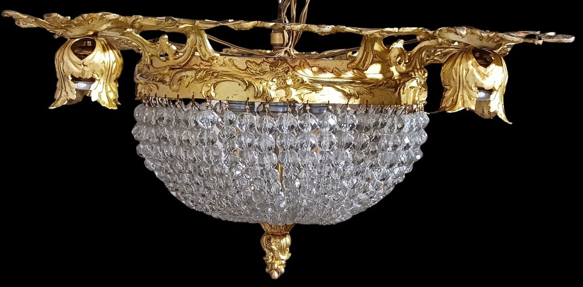 Old Rococo Square Bronze Ceiling Lamp And Crystal Bead Dome-photo-3