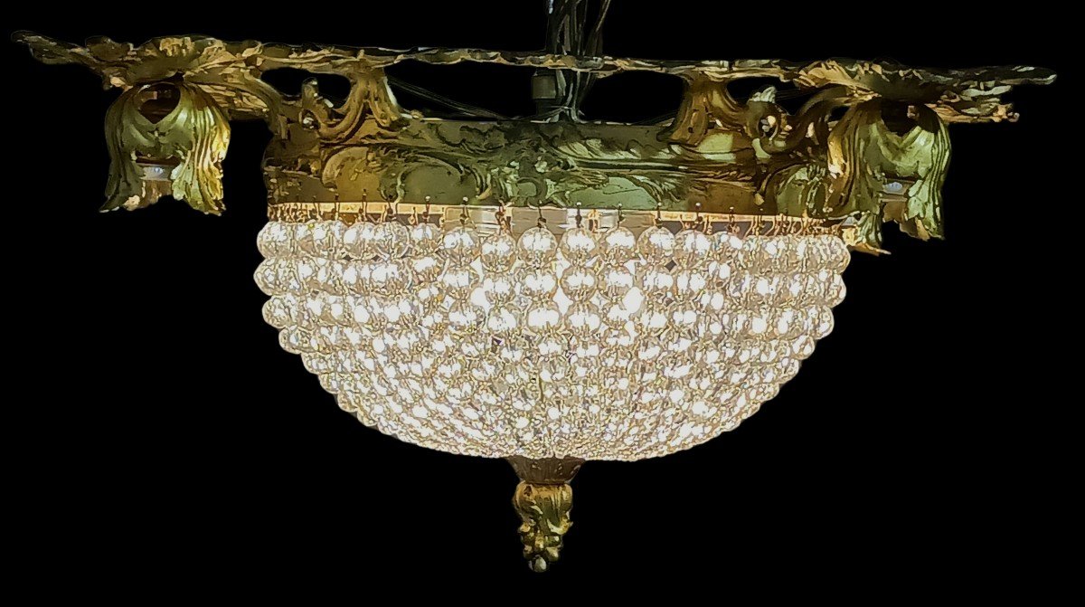 Old Rococo Square Bronze Ceiling Lamp And Crystal Bead Dome-photo-4