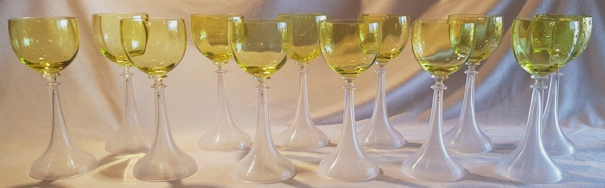 Set Of 12 Old Roemer Wine Glasses In Chartreuse Green Color