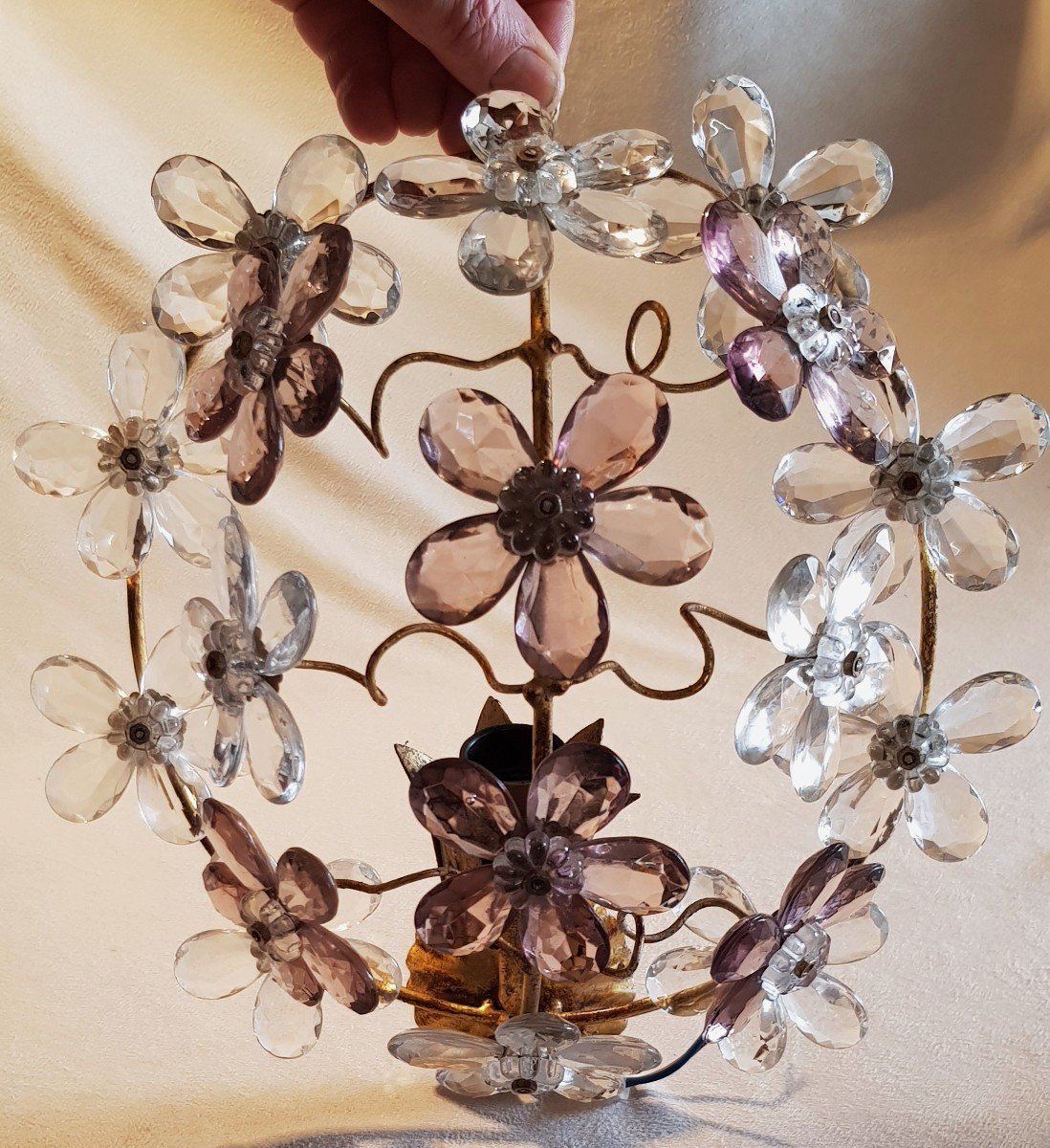 Pair Of Old Iron Wall Lights And Crystal Flowers-photo-3