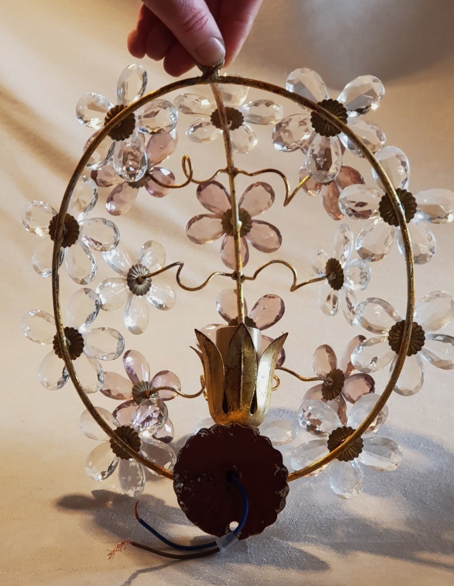 Pair Of Old Iron Wall Lights And Crystal Flowers-photo-1