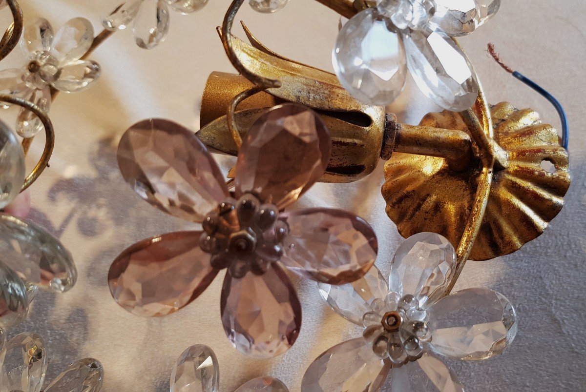 Pair Of Old Iron Wall Lights And Crystal Flowers-photo-4