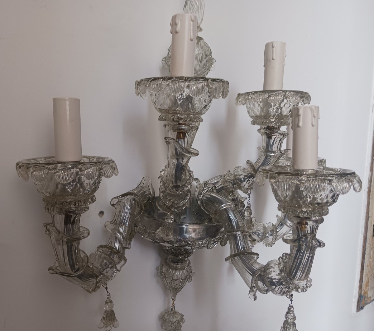 Pair Of Old Murano Blown Glass Wall Lights Mod. Ca'rezzonico-photo-4