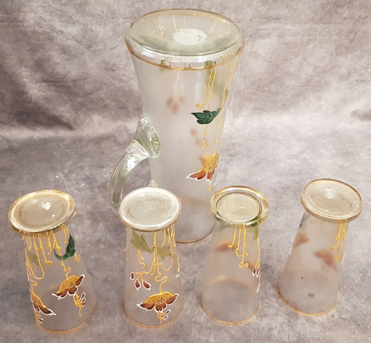 Broc Pitcher And 4 Art Nouveau Glasses Enameled Glass-photo-4